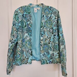 Coldwater Creek Colorful Tapestry Open Front Tropical  Boho Blazer Jacket SZ Med